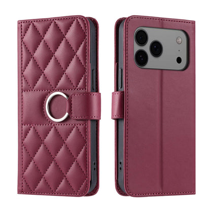 For iPhone 17 Pro Max Ring Buckle Rhombic Leather Phone Case(Red)