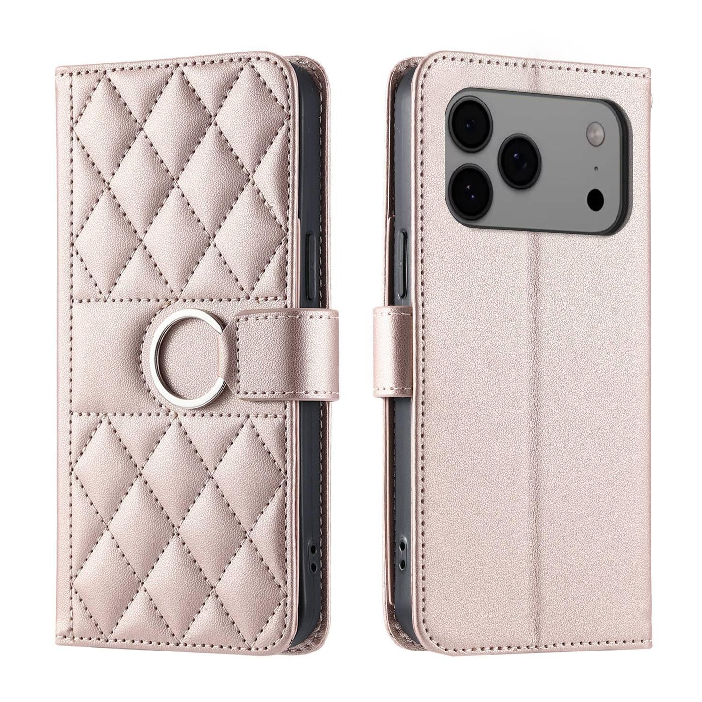 For iPhone 17 Pro Max Ring Buckle Rhombic Leather Phone Case(Rose Gold)