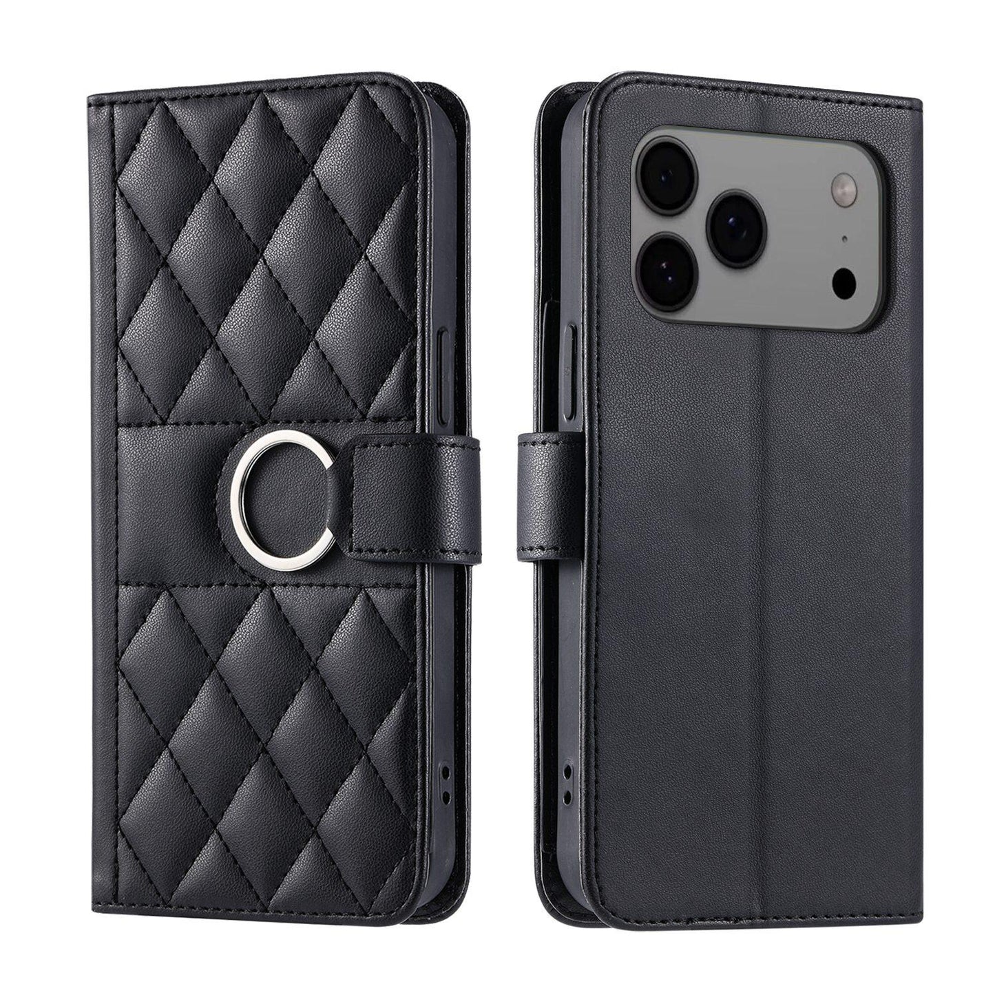For iPhone 18 Pro Max Ring Buckle Rhombic Leather Phone Case(Black)