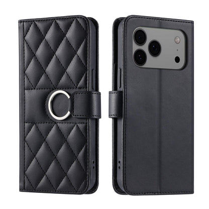 For iPhone 18 Pro Max Ring Buckle Rhombic Leather Phone Case(Black)