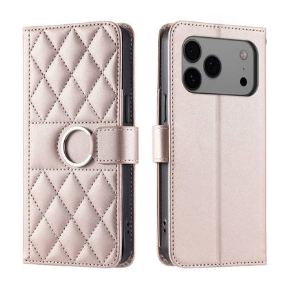 For iPhone 18 Pro Max Ring Buckle Rhombic Leather Phone Case(Rose Gold)