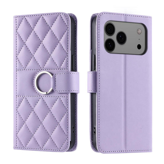 For iPhone 18 Pro Max Ring Buckle Rhombic Leather Phone Case(Purple)