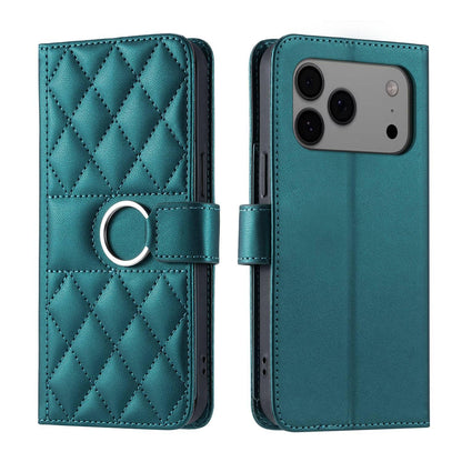 For iPhone 18 Pro Ring Buckle Rhombic Leather Phone Case(Green)