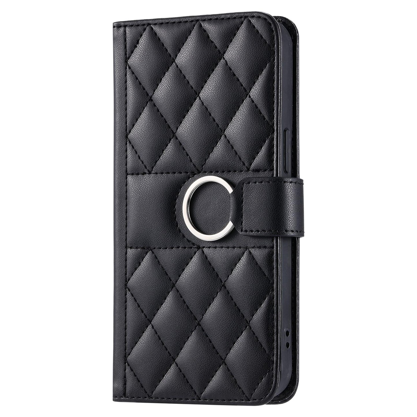 For iPhone 18 Pro Ring Buckle Rhombic Leather Phone Case(Black)