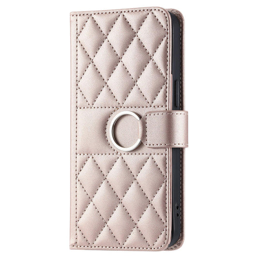 For iPhone 18 Pro Ring Buckle Rhombic Leather Phone Case(Rose Gold)