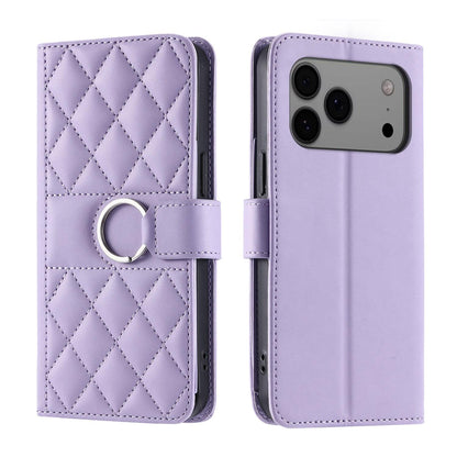 For iPhone 18 Pro Ring Buckle Rhombic Leather Phone Case(Purple)