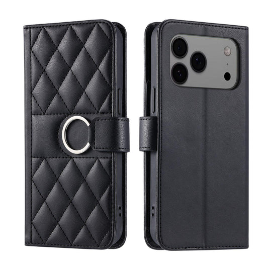 For iPhone 17 Pro Ring Buckle Rhombic Leather Phone Case(Black)