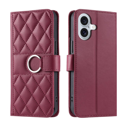For iPhone 17 Ring Buckle Rhombic Leather Phone Case(Red)