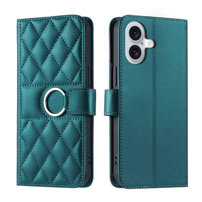 For iPhone 17 Ring Buckle Rhombic Leather Phone Case(Green)