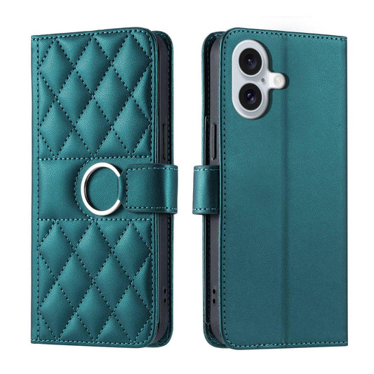 For iPhone 17 Ring Buckle Rhombic Leather Phone Case(Green)