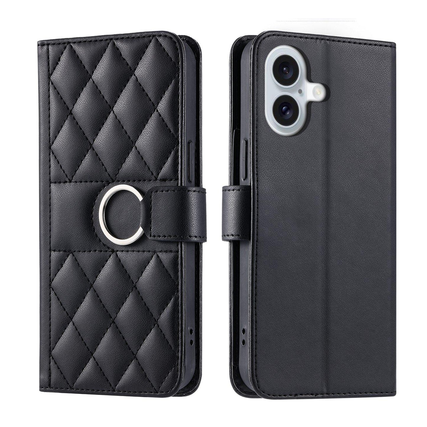 For iPhone 17 Ring Buckle Rhombic Leather Phone Case(Black)