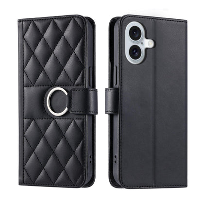 For iPhone 17 Ring Buckle Rhombic Leather Phone Case(Black)