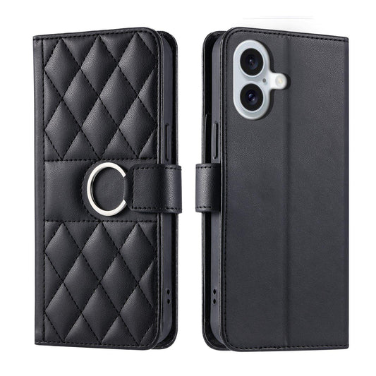 For iPhone 17 Ring Buckle Rhombic Leather Phone Case(Black)