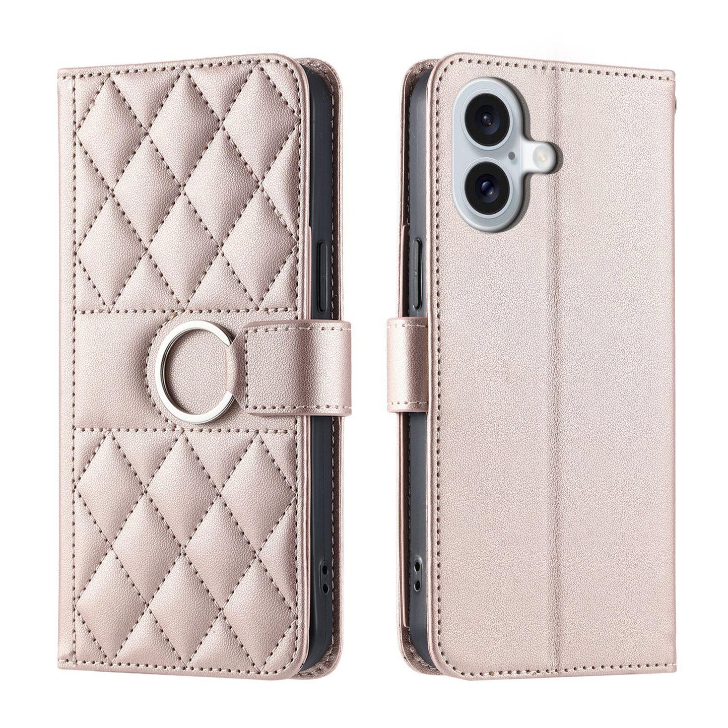 For iPhone 17 Ring Buckle Rhombic Leather Phone Case(Rose Gold)