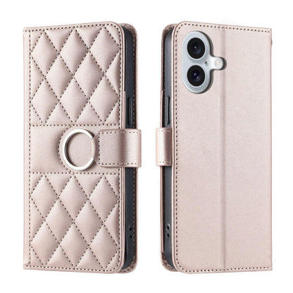 For iPhone 17 Ring Buckle Rhombic Leather Phone Case(Rose Gold)