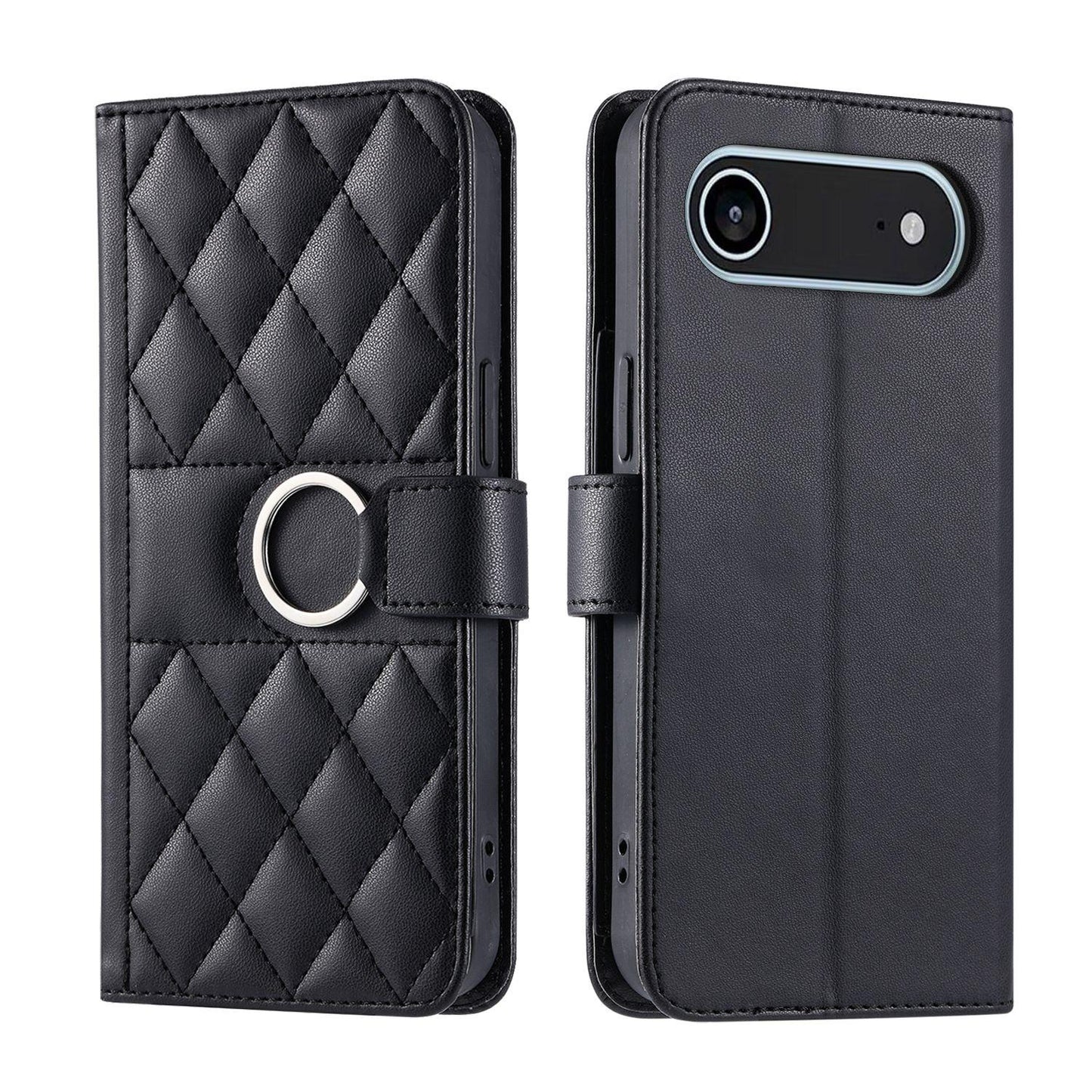 For iPhone Air Ring Buckle Rhombic Leather Phone Case(Black)