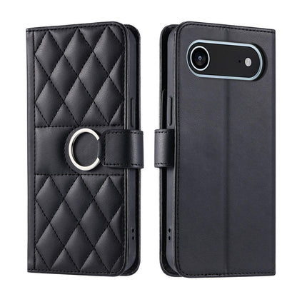 For iPhone Air Ring Buckle Rhombic Leather Phone Case(Black)