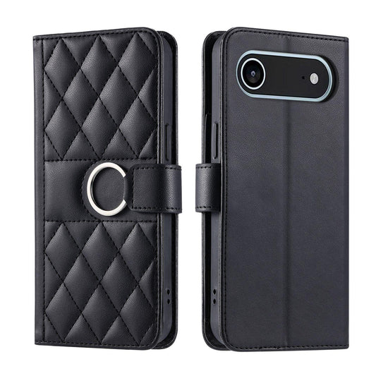 For iPhone Air Ring Buckle Rhombic Leather Phone Case(Black)