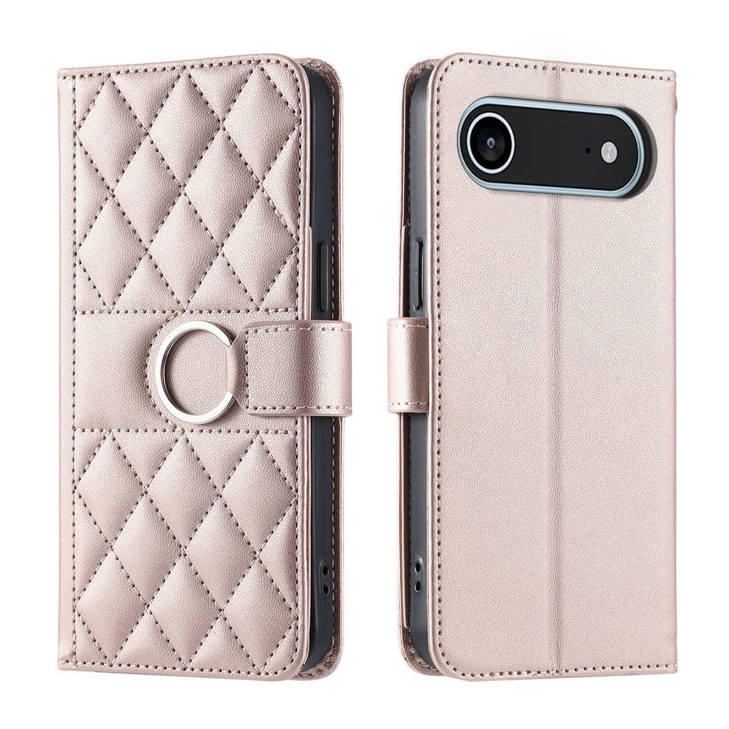 For iPhone Air Ring Buckle Rhombic Leather Phone Case(Rose Gold)