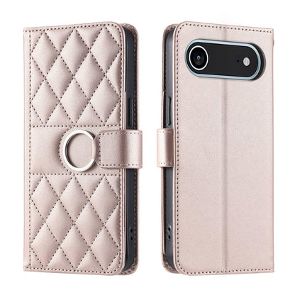 For iPhone Air Ring Buckle Rhombic Leather Phone Case(Rose Gold)