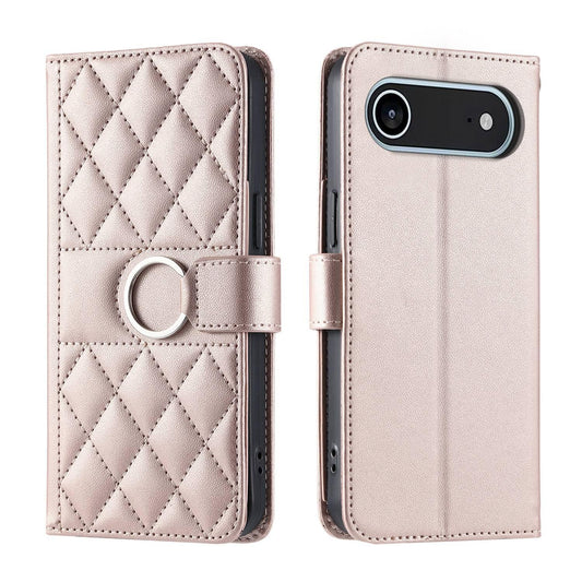 For iPhone Air Ring Buckle Rhombic Leather Phone Case(Rose Gold)