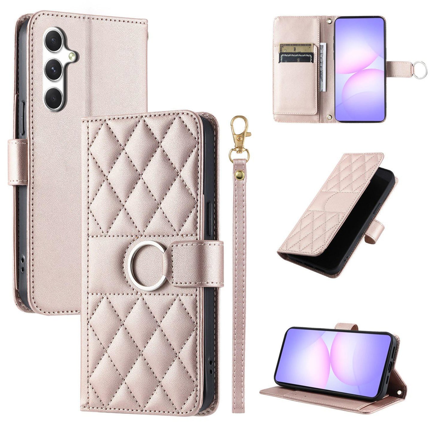 For Galaxy S25 FE 5G Ring Buckle Rhombic Leather Phone Case(Rose Gold)