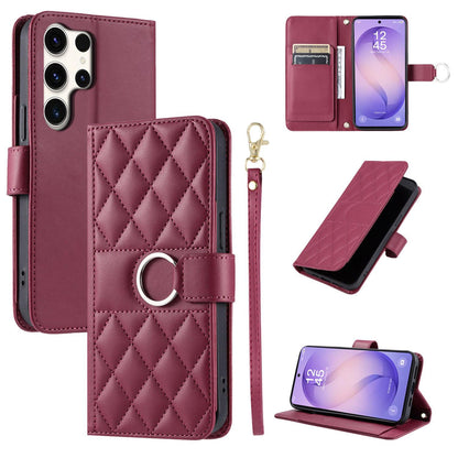 For Galaxy S26 Ultra 5G Ring Buckle Rhombic Leather Phone Case(Red)
