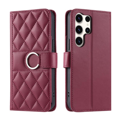 For Galaxy S26 Ultra 5G Ring Buckle Rhombic Leather Phone Case(Red)