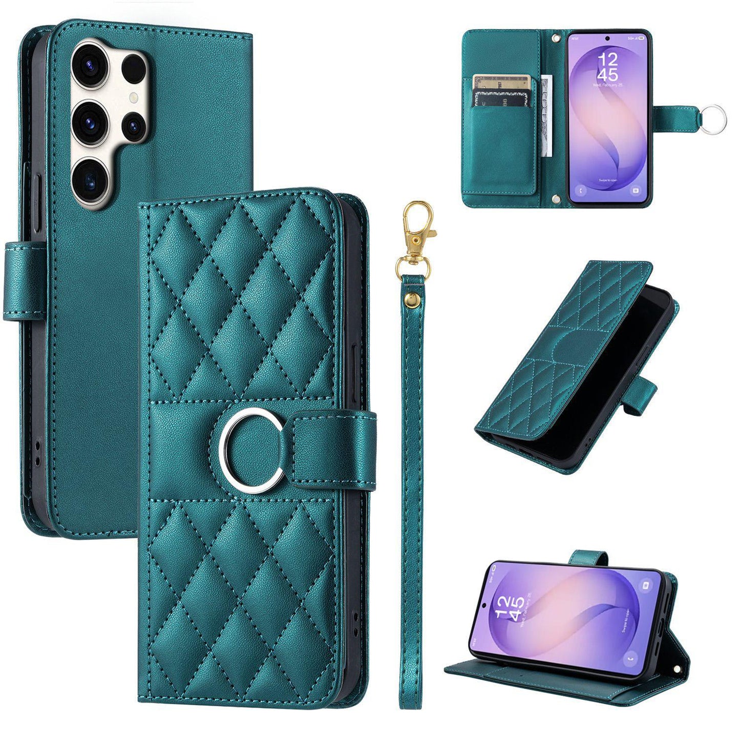 For Galaxy S26 Ultra 5G Ring Buckle Rhombic Leather Phone Case(Green)