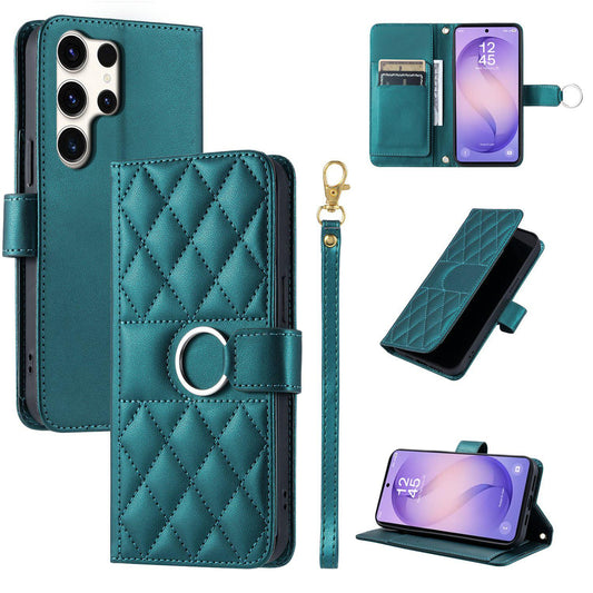 For Galaxy S26 Ultra 5G Ring Buckle Rhombic Leather Phone Case(Green)