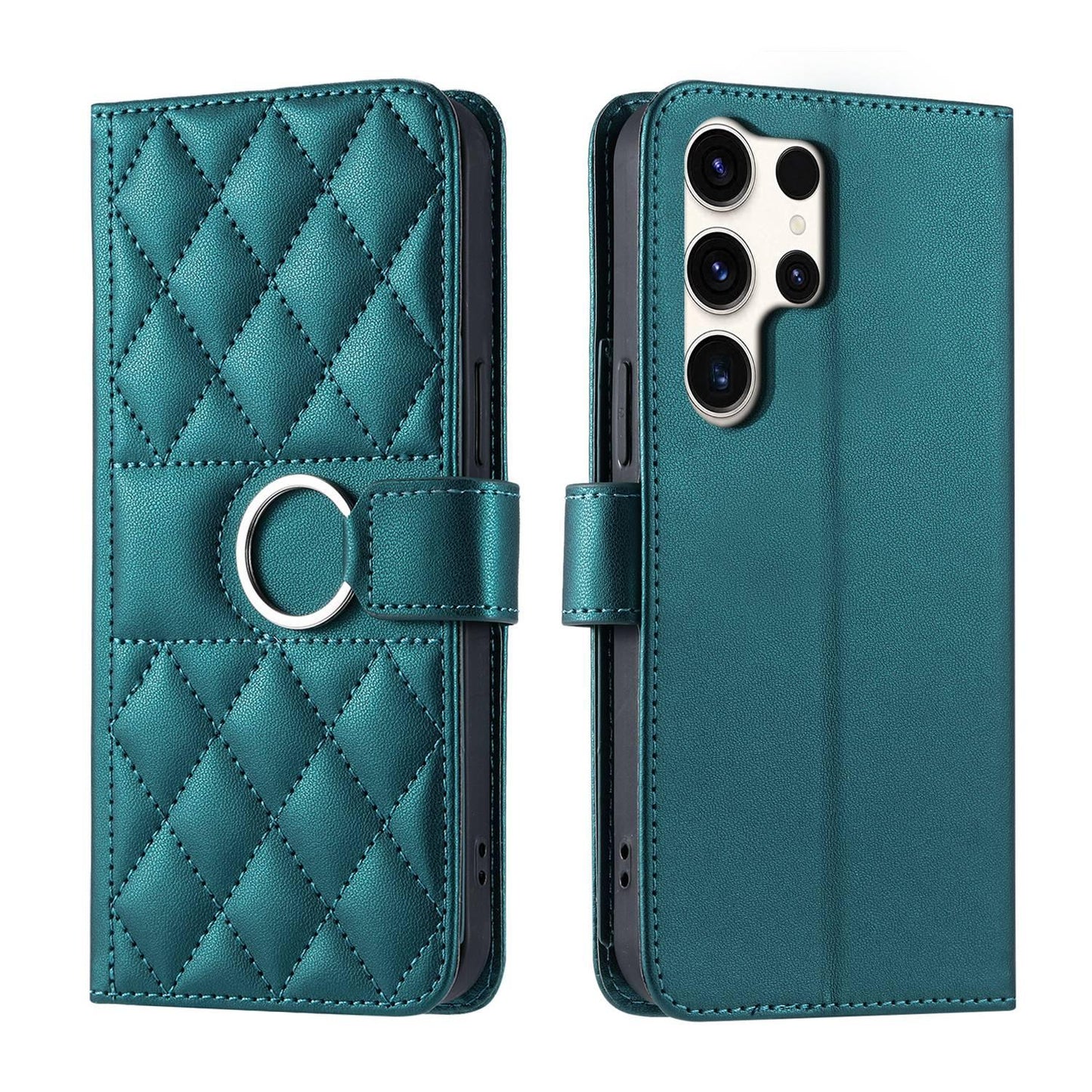 For Galaxy S26 Ultra 5G Ring Buckle Rhombic Leather Phone Case(Green)