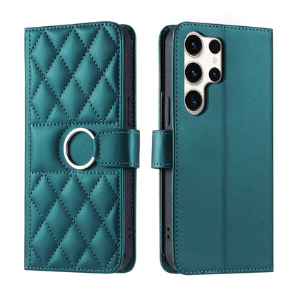 For Galaxy S26 Ultra 5G Ring Buckle Rhombic Leather Phone Case(Green)