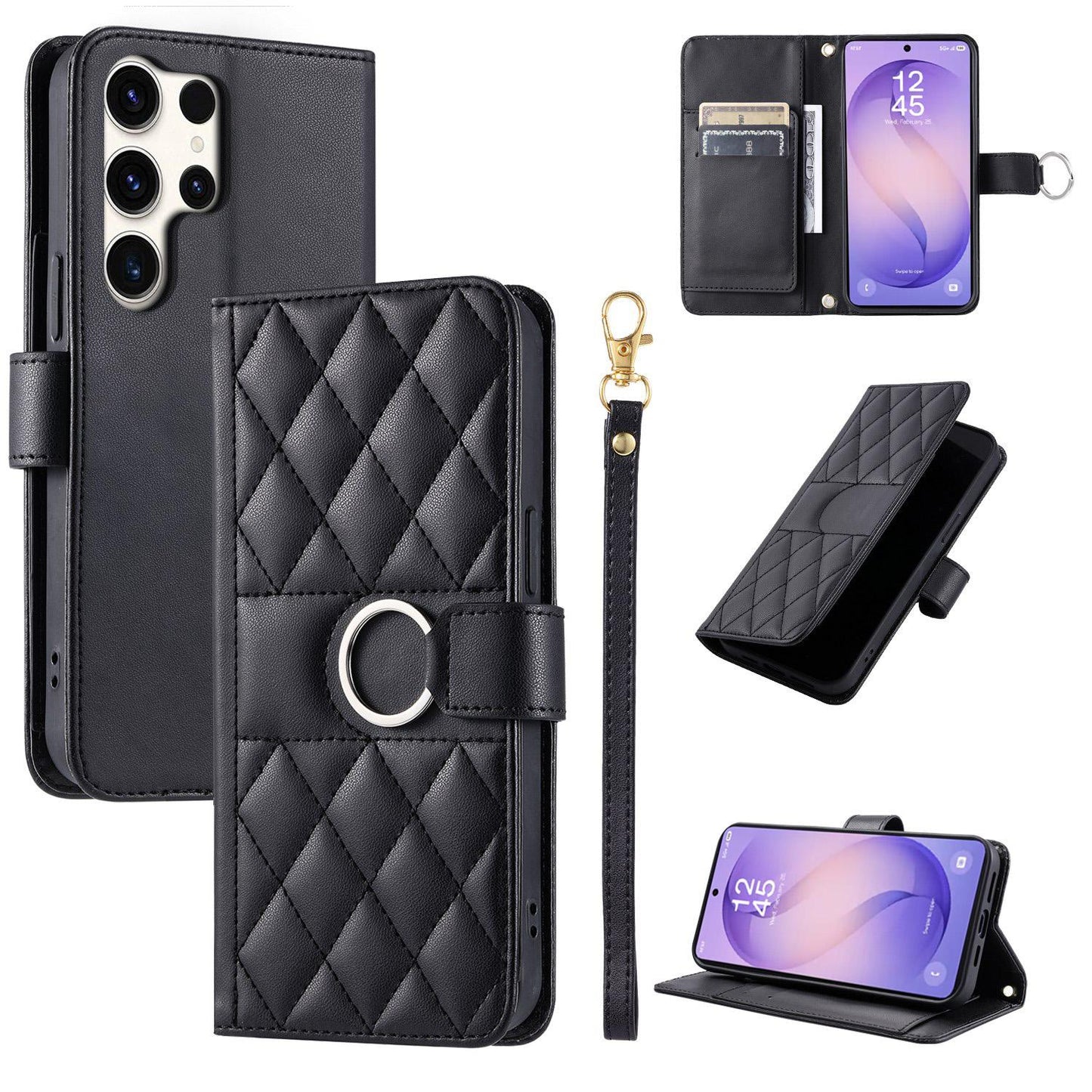 For Galaxy S26 Ultra 5G Ring Buckle Rhombic Leather Phone Case(Black)