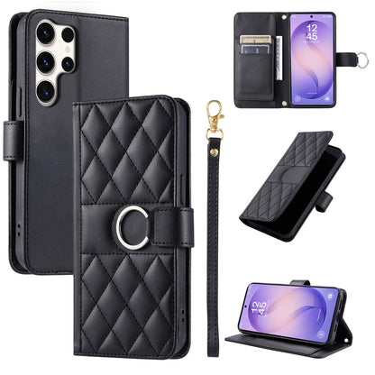 For Galaxy S26 Ultra 5G Ring Buckle Rhombic Leather Phone Case(Black)