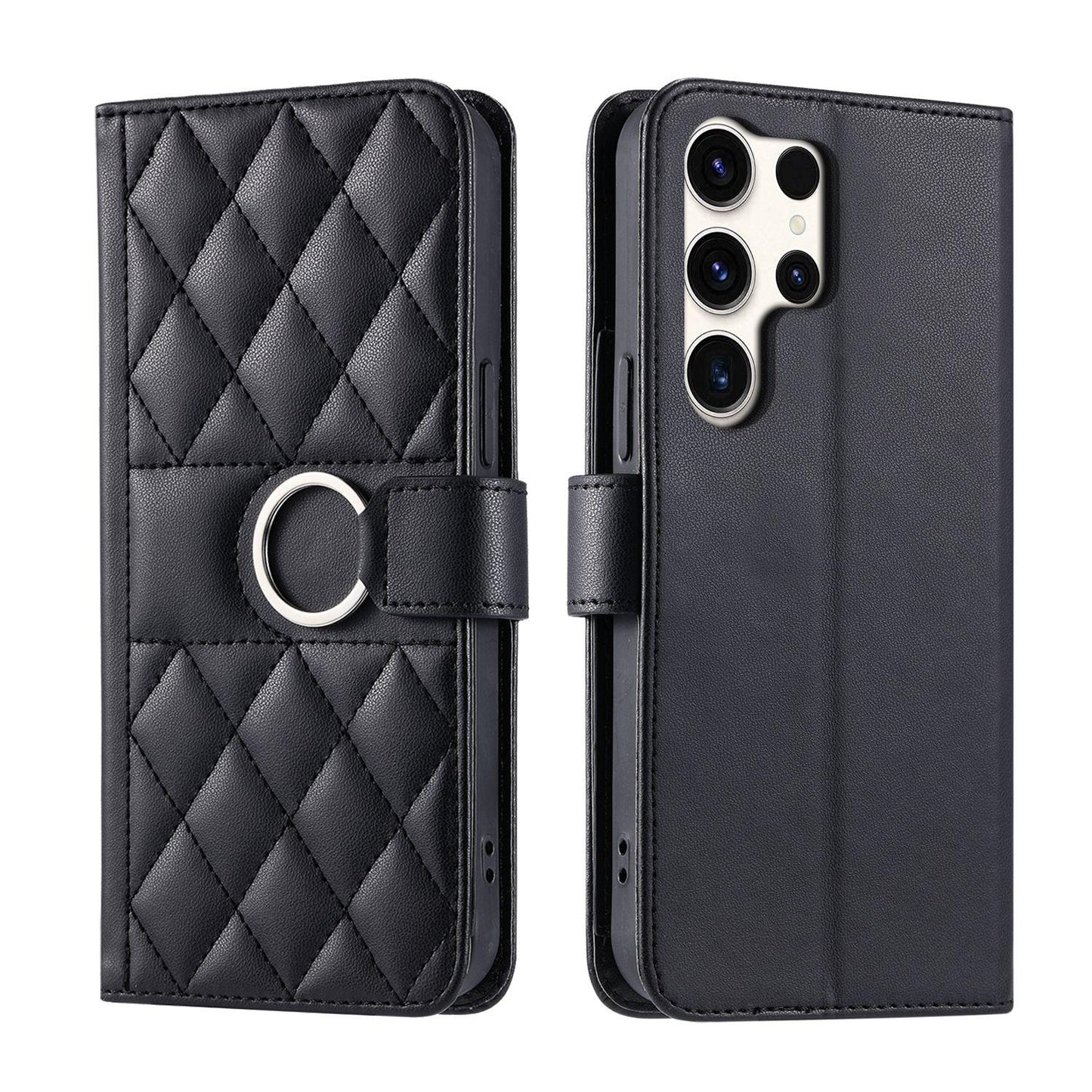 For Galaxy S26 Ultra 5G Ring Buckle Rhombic Leather Phone Case(Black)
