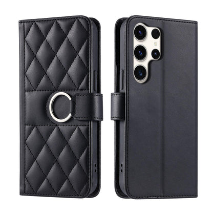 For Galaxy S26 Ultra 5G Ring Buckle Rhombic Leather Phone Case(Black)