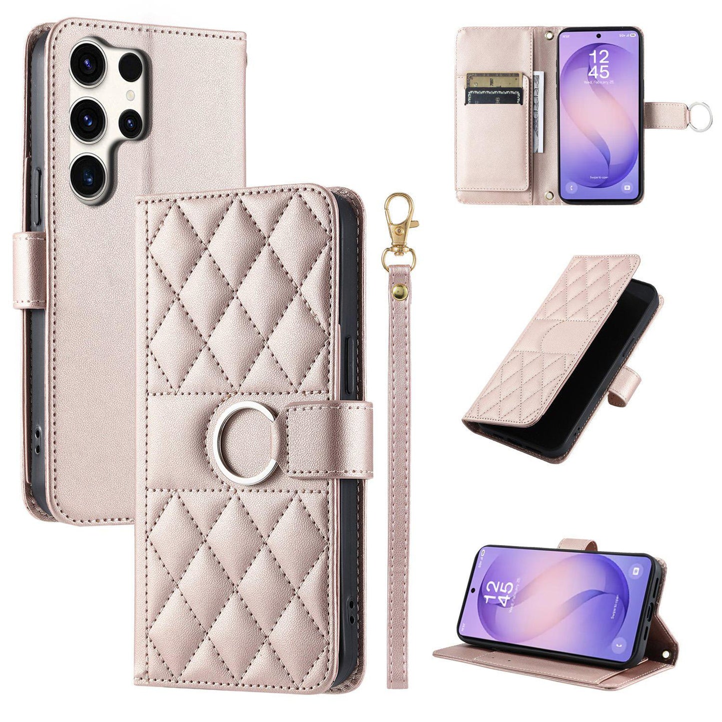 For Galaxy S26 Ultra 5G Ring Buckle Rhombic Leather Phone Case(Rose Gold)