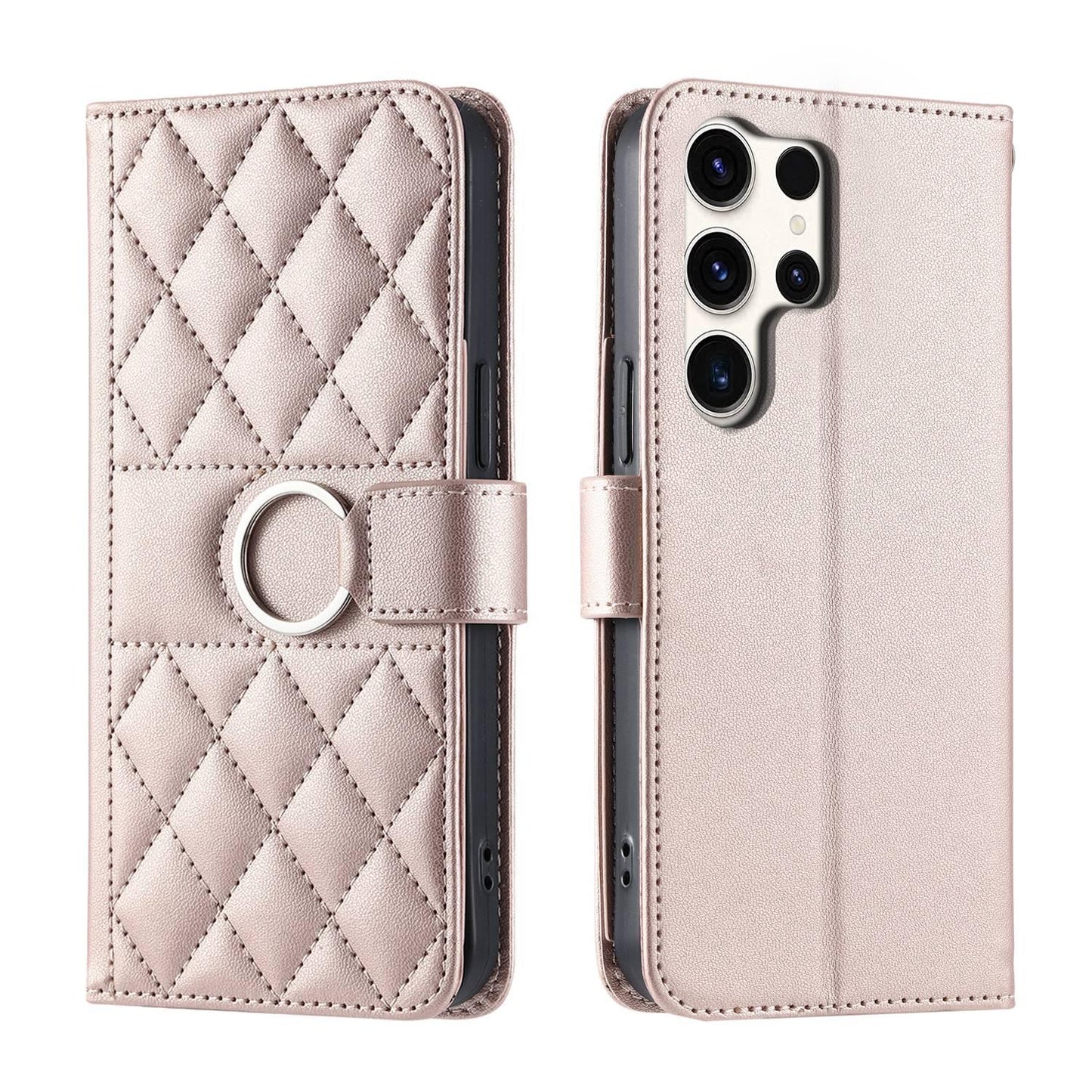 For Galaxy S26 Ultra 5G Ring Buckle Rhombic Leather Phone Case(Rose Gold)