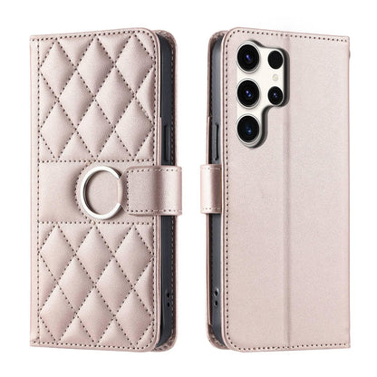 For Galaxy S26 Ultra 5G Ring Buckle Rhombic Leather Phone Case(Rose Gold)