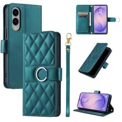 For Galaxy S26 Edge 5G Ring Buckle Rhombic Leather Phone Case(Green)