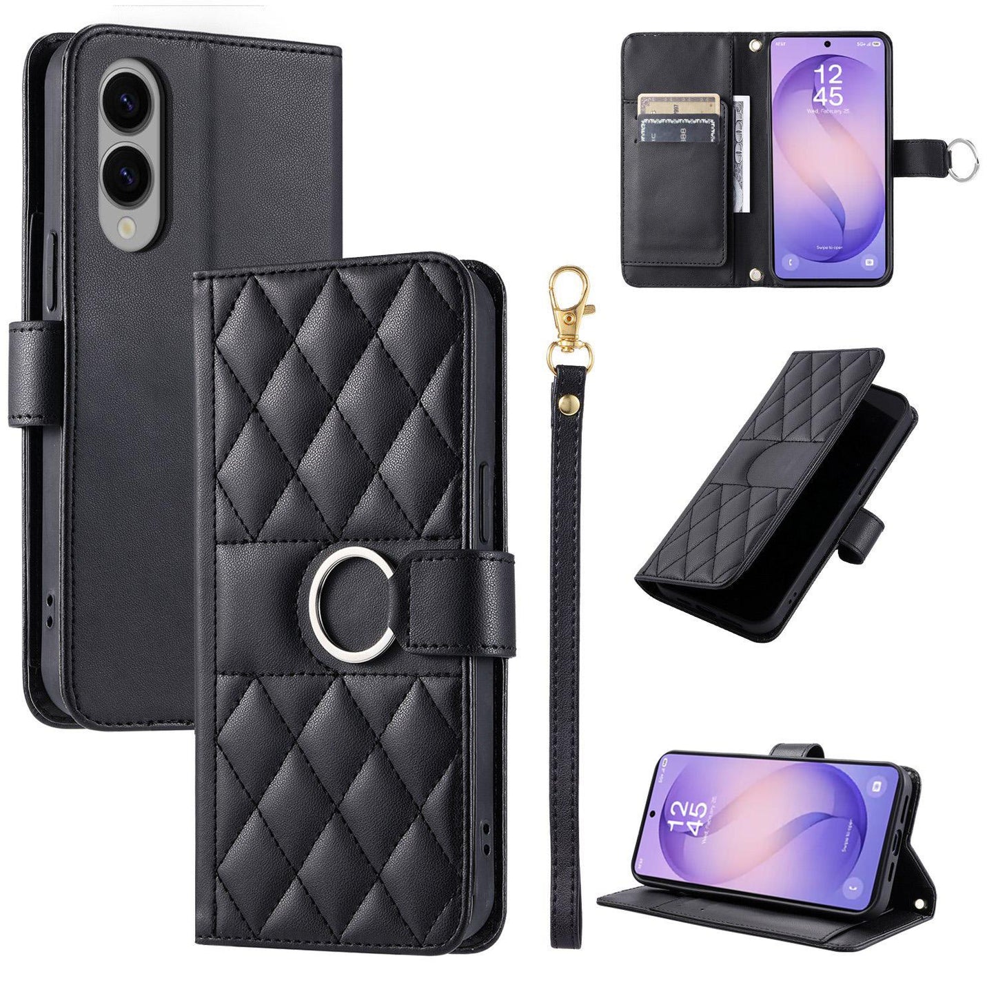 For Galaxy S26 Edge 5G Ring Buckle Rhombic Leather Phone Case(Black)
