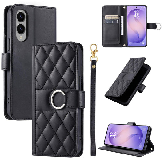 For Galaxy S26 Edge 5G Ring Buckle Rhombic Leather Phone Case(Black)