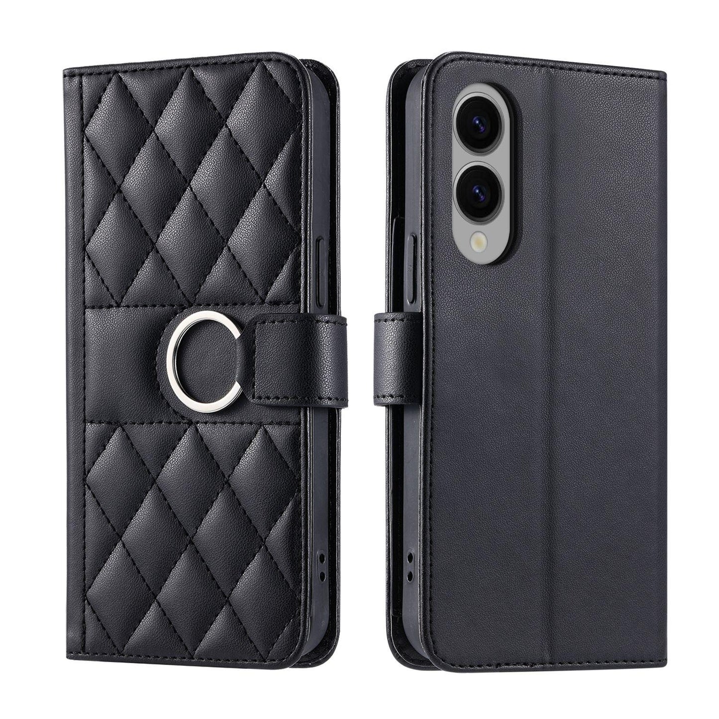 For Galaxy S26 Edge 5G Ring Buckle Rhombic Leather Phone Case(Black)