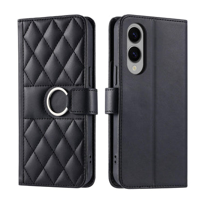 For Galaxy S26 Edge 5G Ring Buckle Rhombic Leather Phone Case(Black)