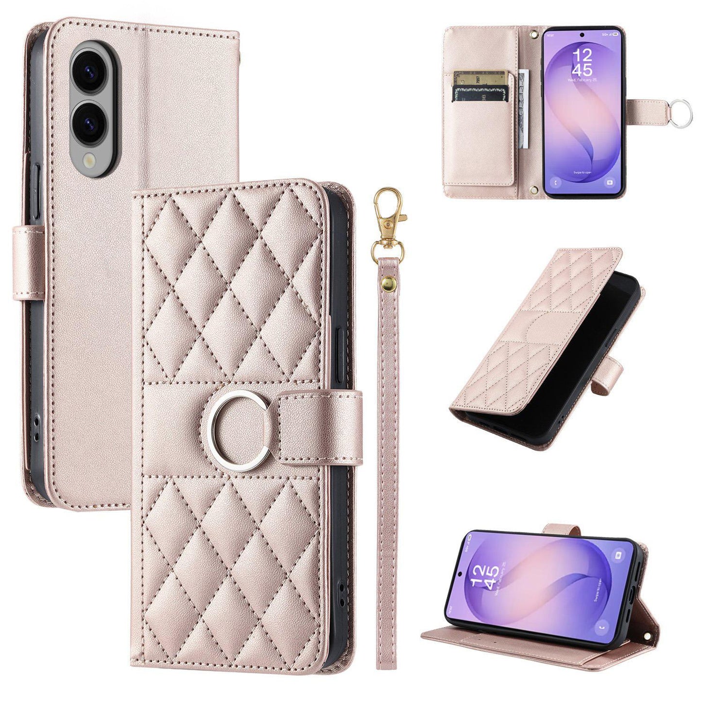 For Galaxy S26 Edge 5G Ring Buckle Rhombic Leather Phone Case(Rose Gold)