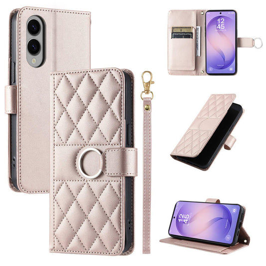 For Galaxy S26 Edge 5G Ring Buckle Rhombic Leather Phone Case(Rose Gold)
