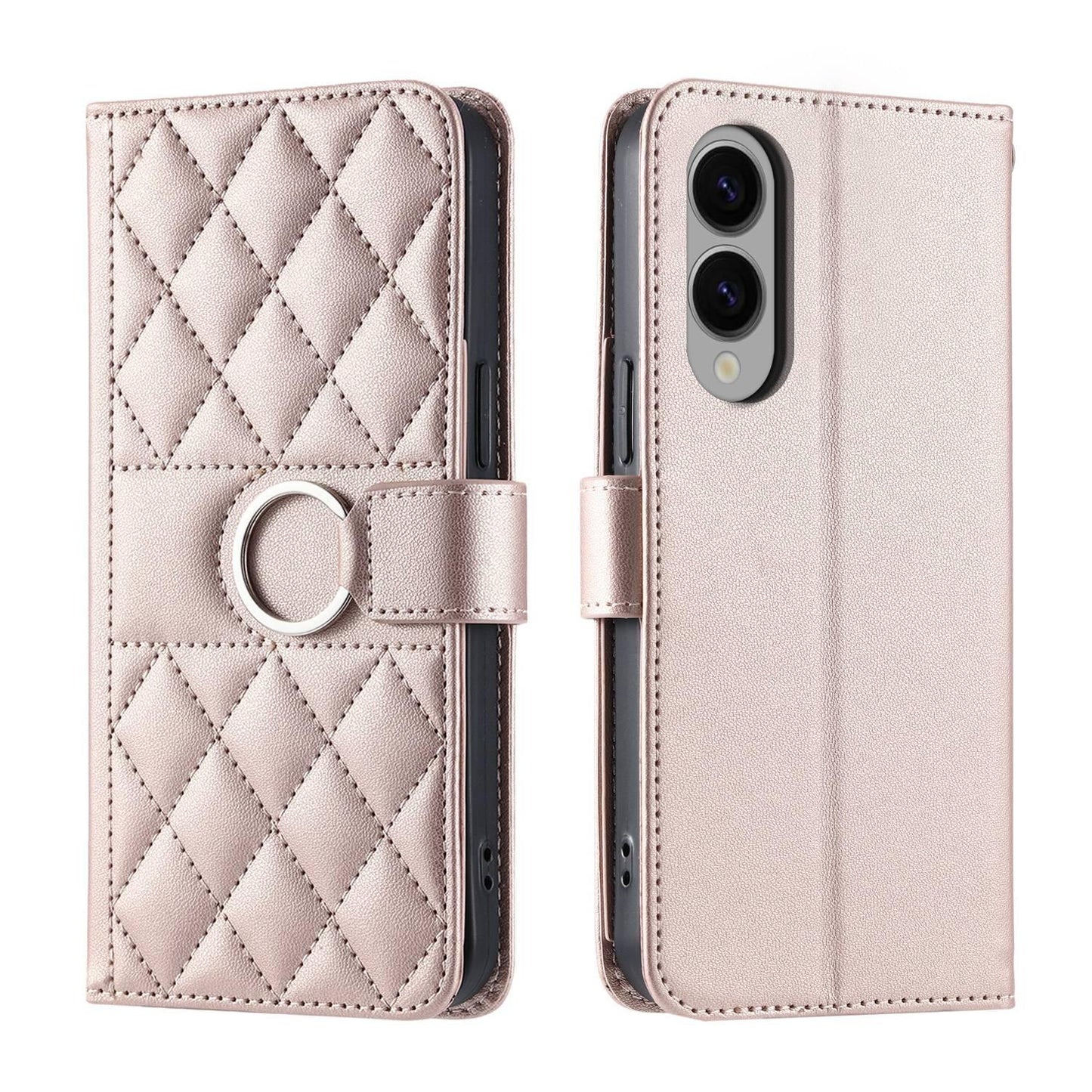 For Galaxy S26 Edge 5G Ring Buckle Rhombic Leather Phone Case(Rose Gold)