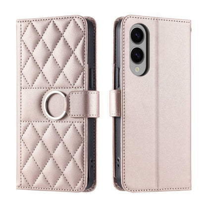 For Galaxy S26 Edge 5G Ring Buckle Rhombic Leather Phone Case(Rose Gold)