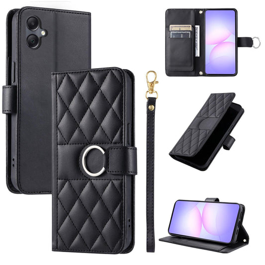 For Galaxy A08 / A07 4G / 5G Ring Buckle Rhombic Leather Phone Case(Black)