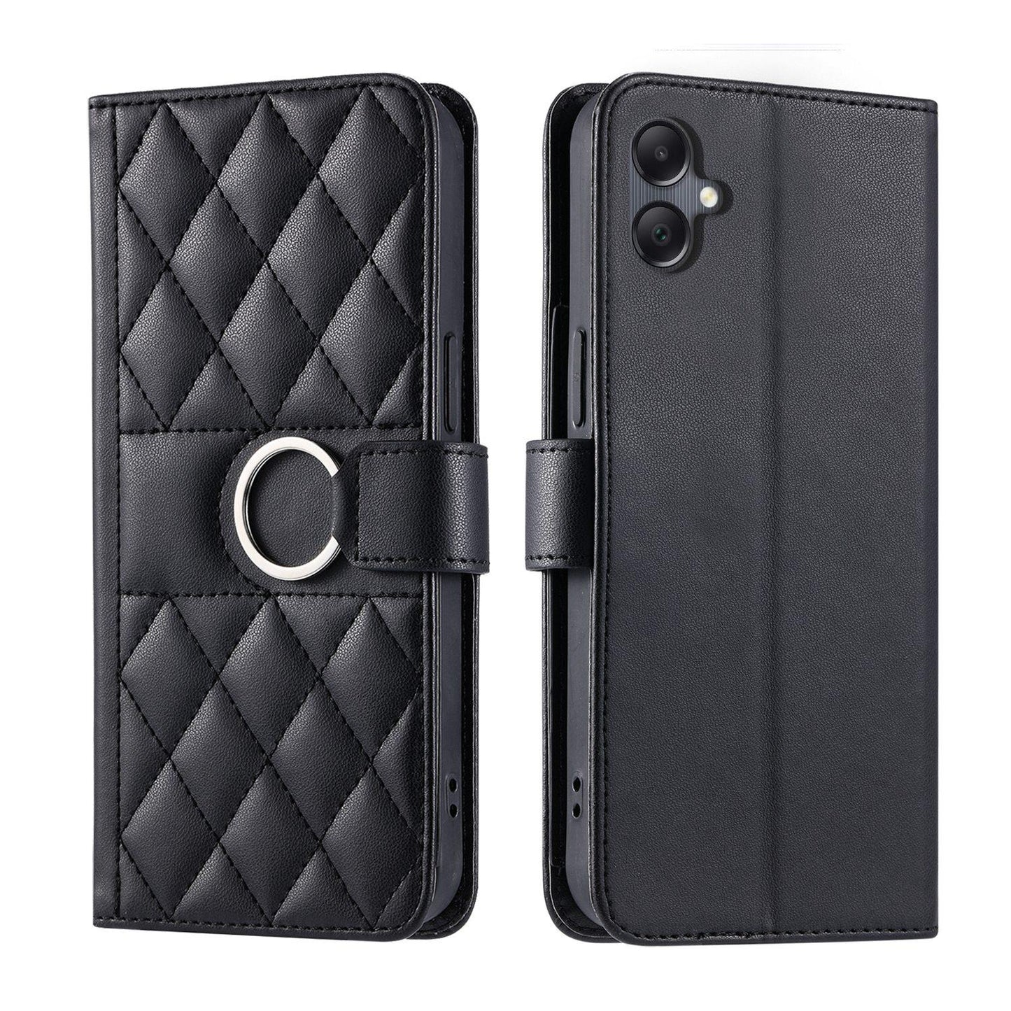 For Galaxy A08 / A07 4G / 5G Ring Buckle Rhombic Leather Phone Case(Black)